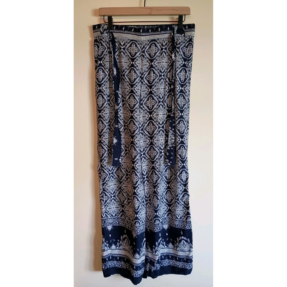Solitaire Navy Medallion Wide Leg Pants XL Boho Palazzo Tie Waist Rayon